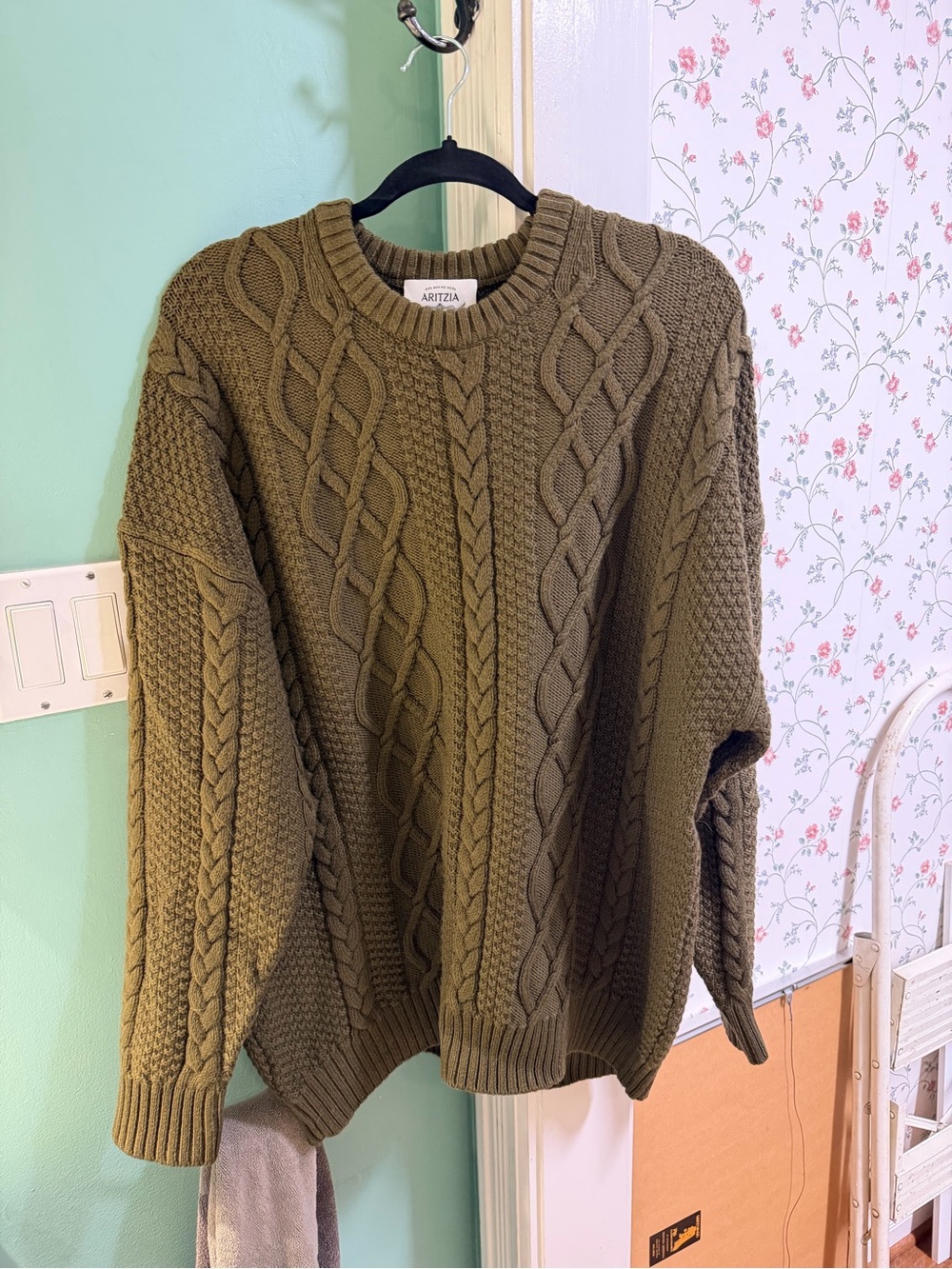 Aritzia Olive Green Peggy Cable-Knit Crewneck Sweater NWOT